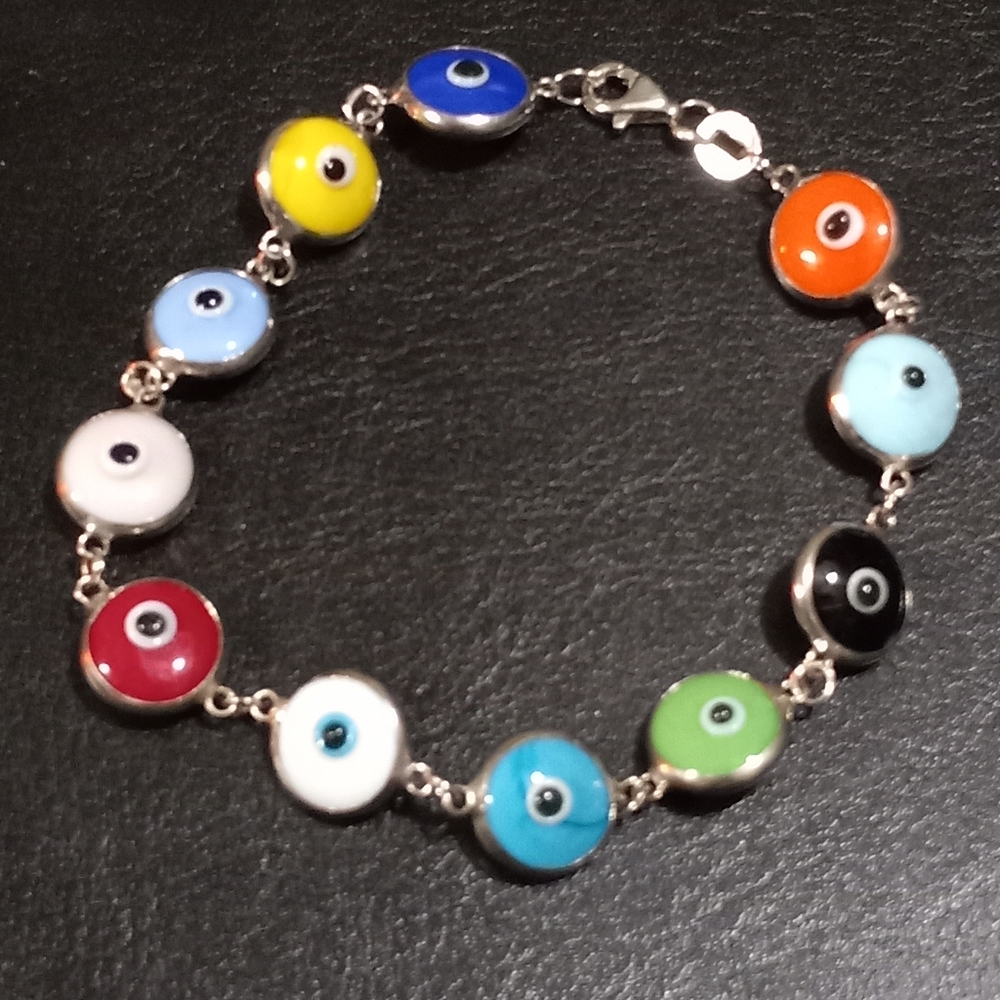 Sterling Silver Multi color Glass EVIL EYE BRACELET